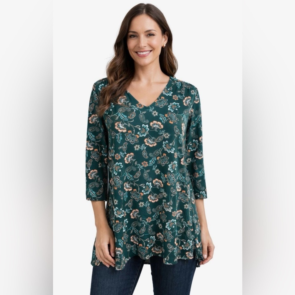 J. Jill Tunic Boho Green Paisley Floral V-Neck Top 3/4 Sleeve Oversized Size XS